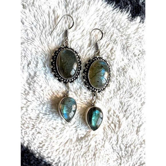 925 Vintage Style Flash Labradorite Earrings - Picture 2 of 4